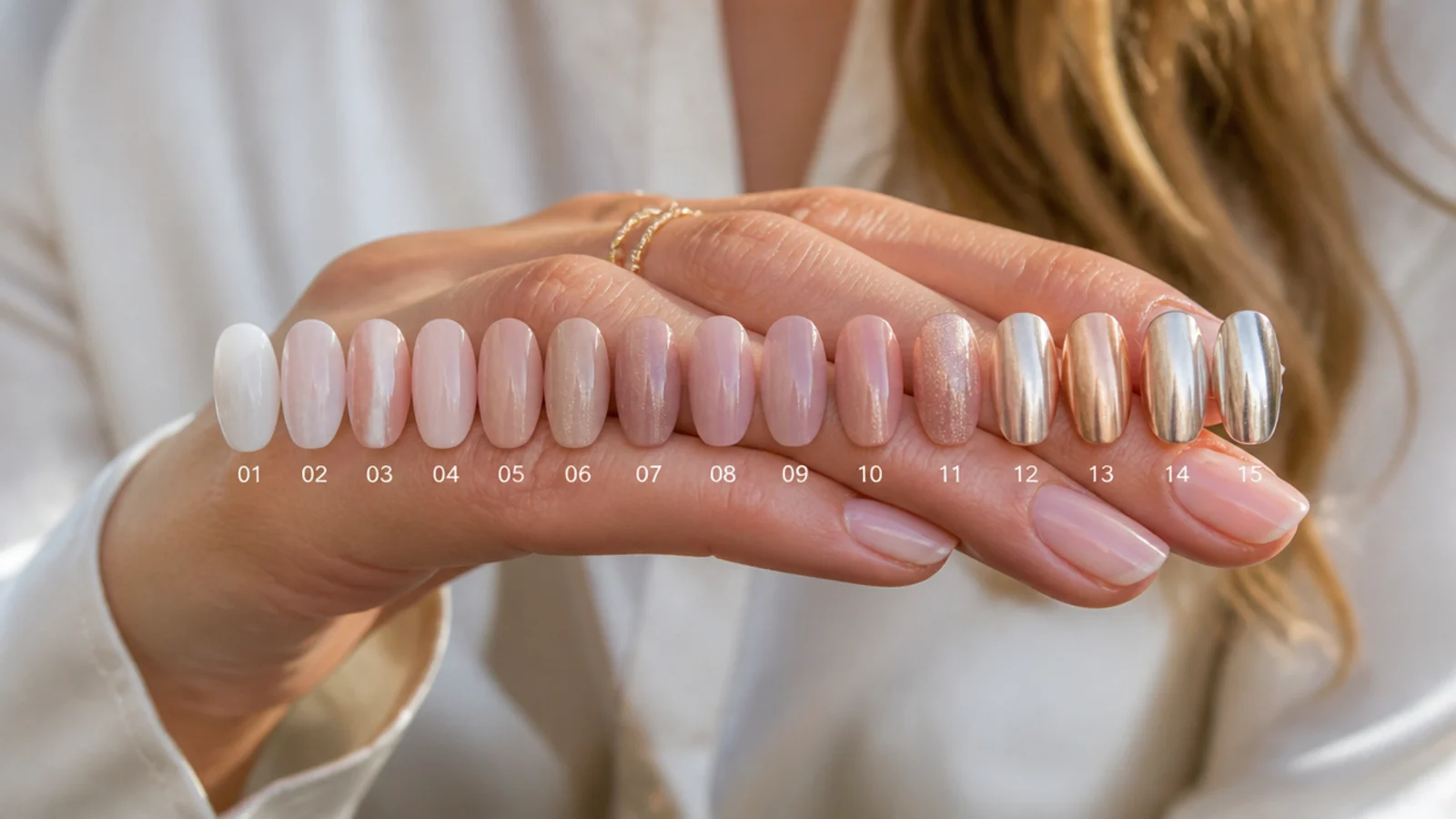 Fifteen 2026 nail trends swatched in a row from milky sheer to chrome neutral on short almond nails