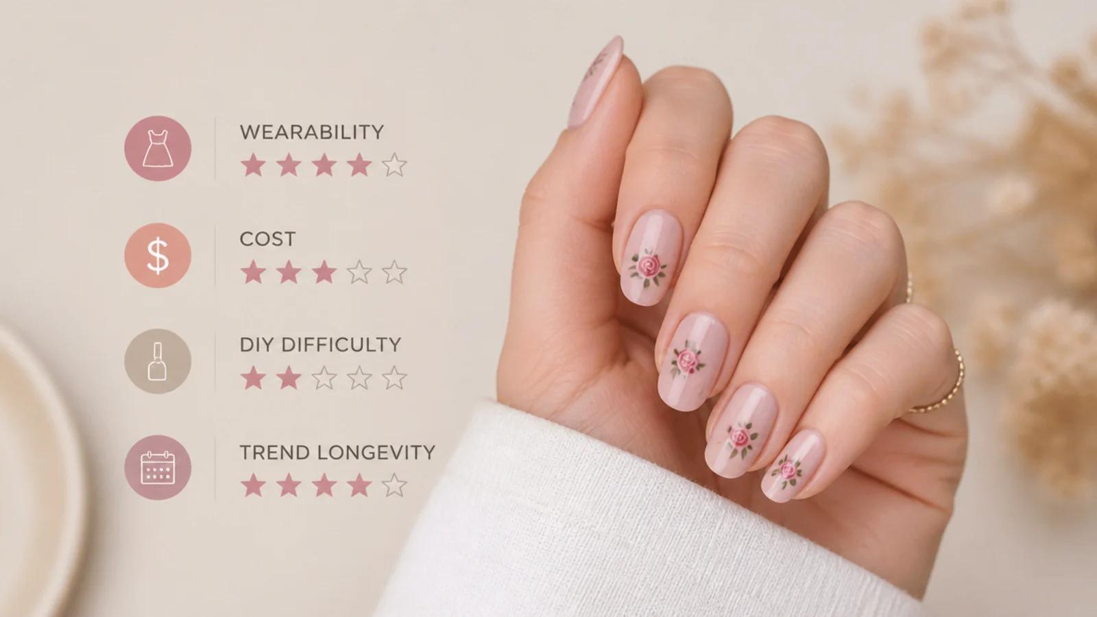 Four ranking icons for wearability, cost, DIY difficulty and trend longevity on a neutral background