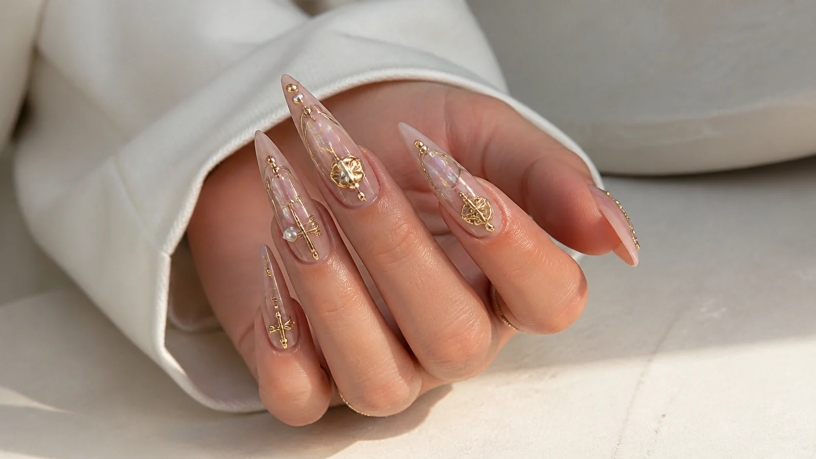 Long stiletto nails with 3D charms and drilled piercings shown as a high-maintenance skip