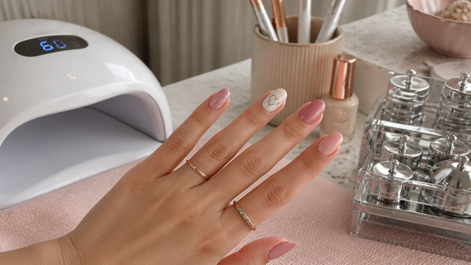 Nail salon station with gel lamp and chrome powder set up for a mid-cost 2026 manicure