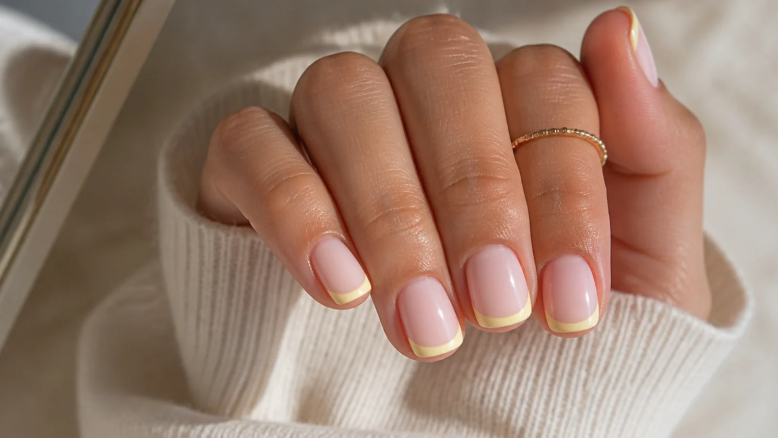 Short square pastel nails with butter yellow French tips over a milky nude base