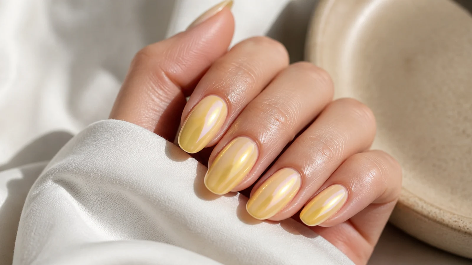 Butter yellow nails with a pearl glazed donut chrome sheen shifting in the light