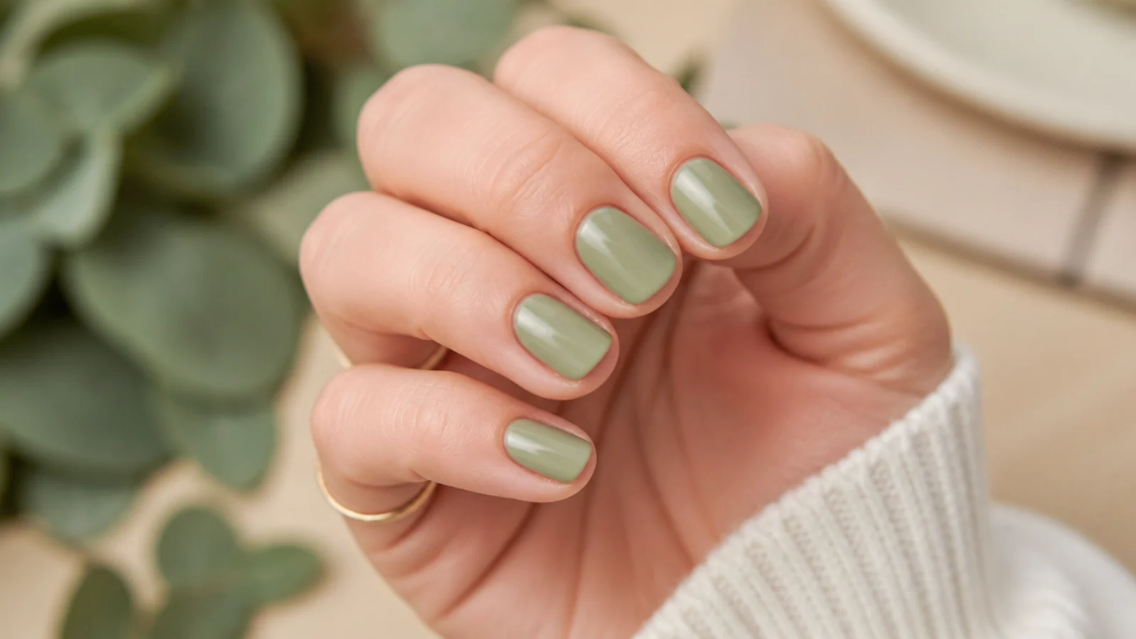 Short round nails in muted sage green with a soft creamy opaque finish