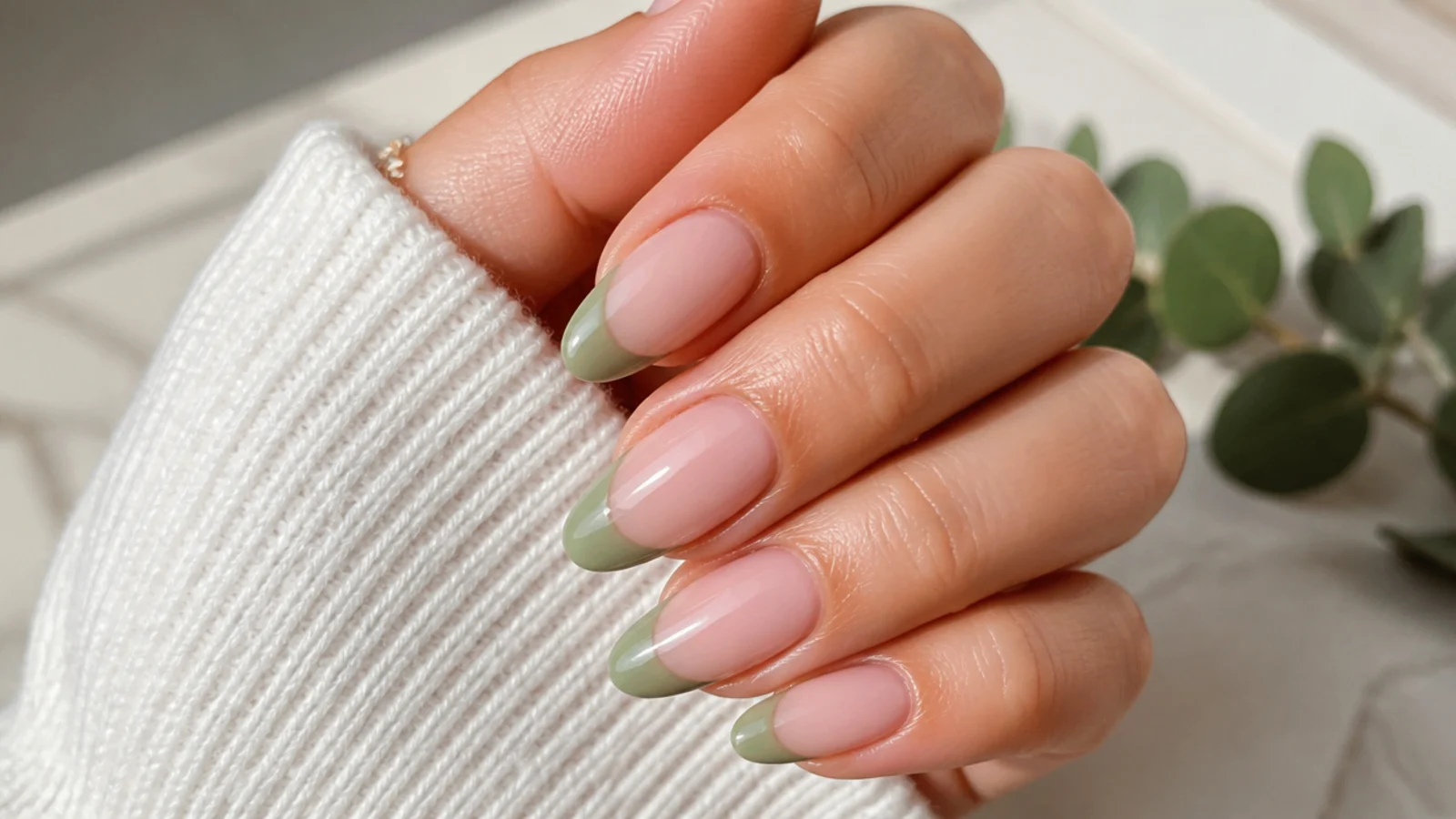 Medium almond nails with sage green French tips on a sheer nude base