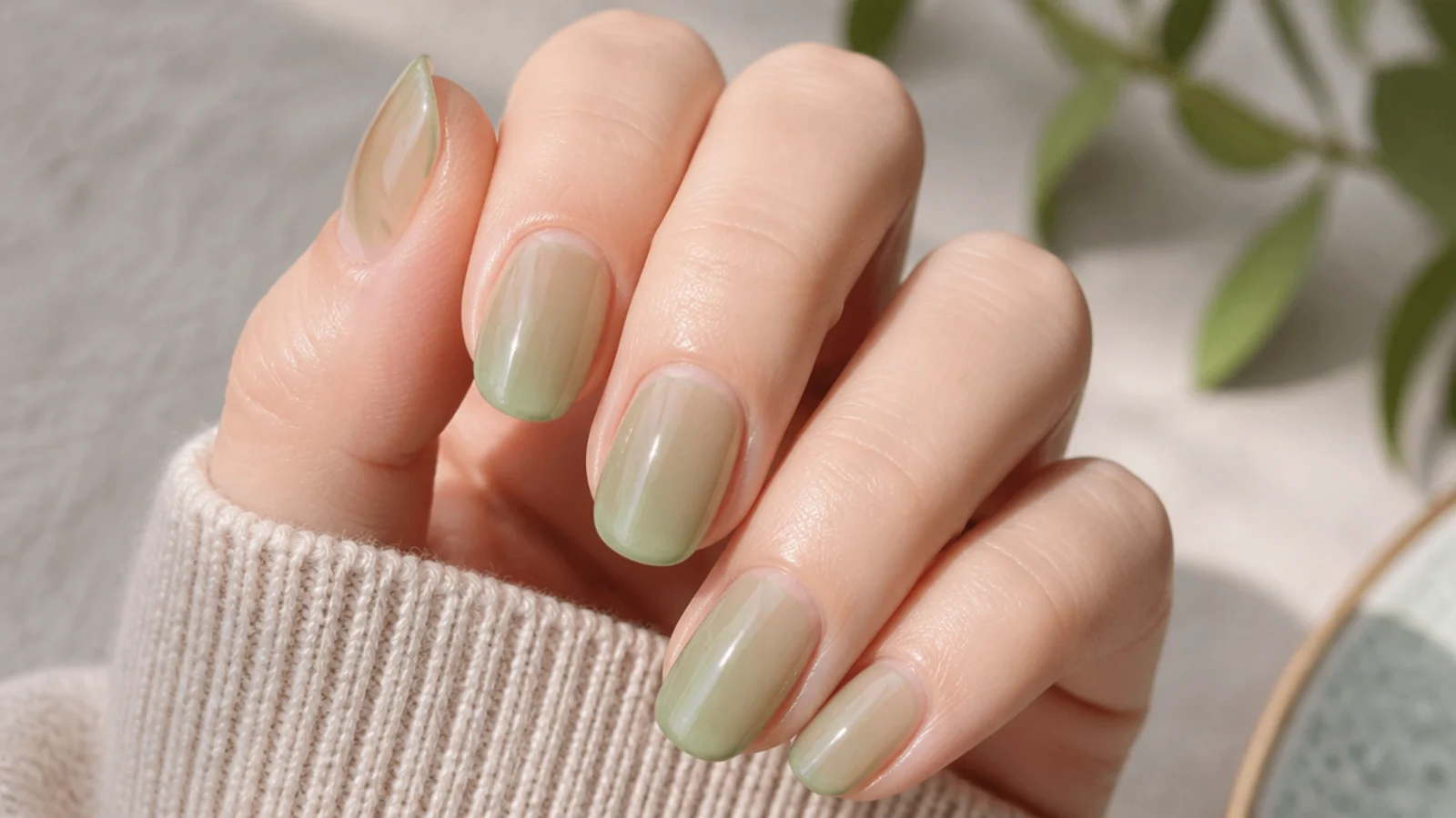 Sheer milky matcha green nails showing the natural nail softly through a translucent overlay