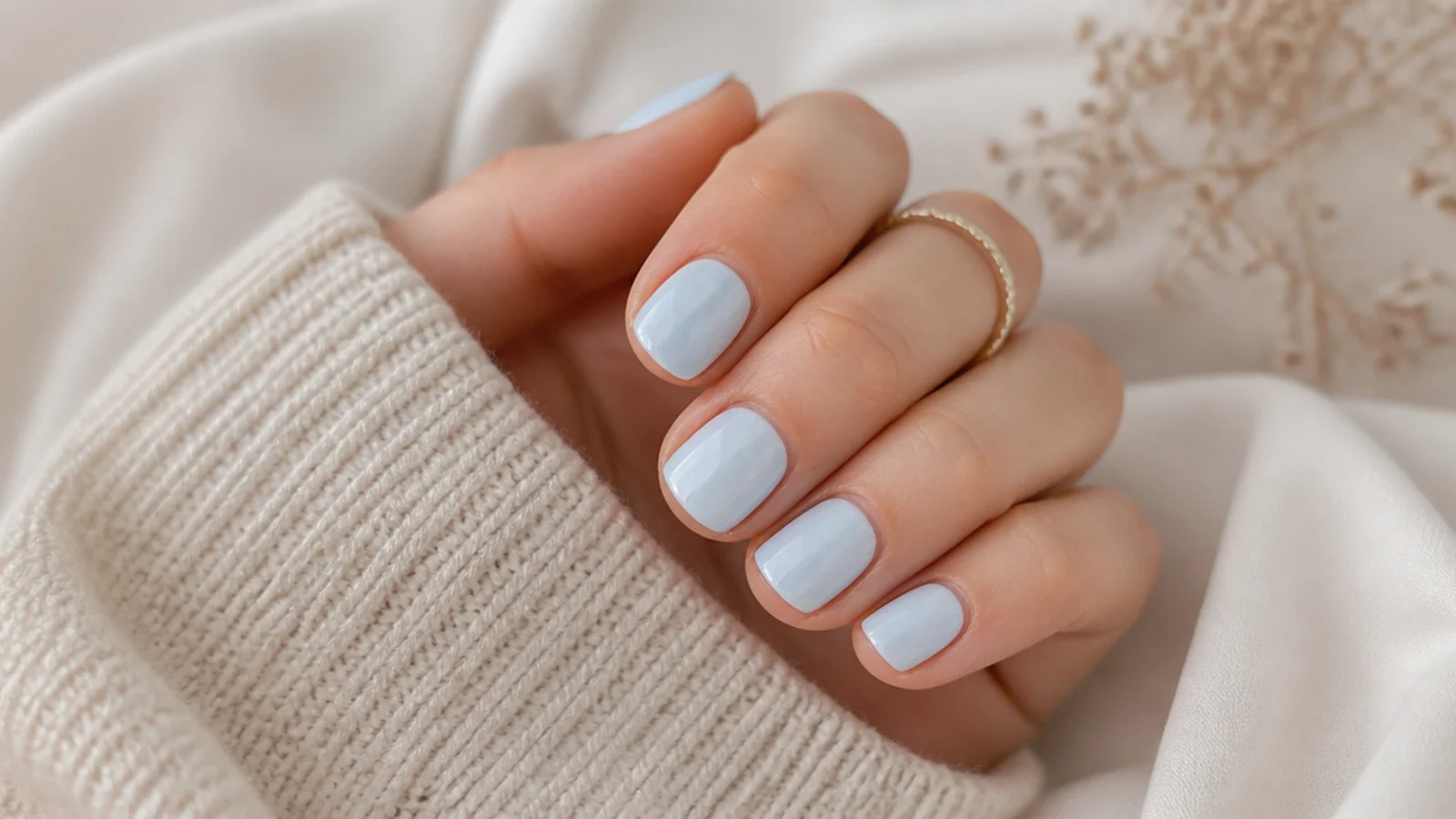 Short milky baby blue nails with a soft cloudy opaque finish for spring