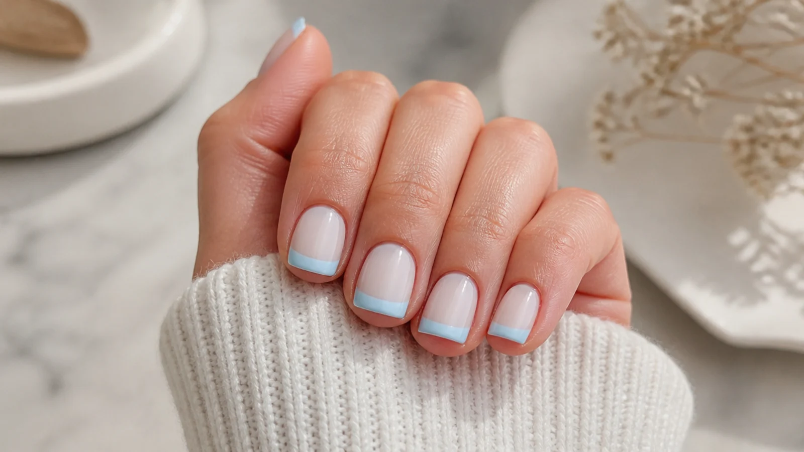 Short square nails with baby blue French tips over a milky white base for spring