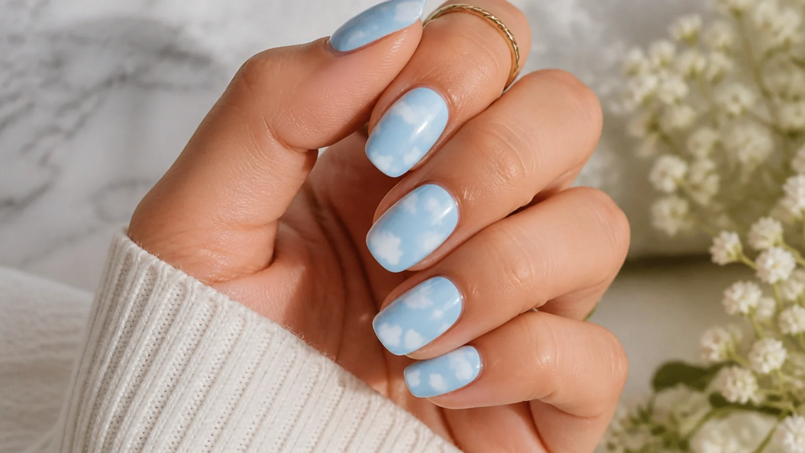 Baby blue nails with soft white painted clouds over a pastel sky blue base