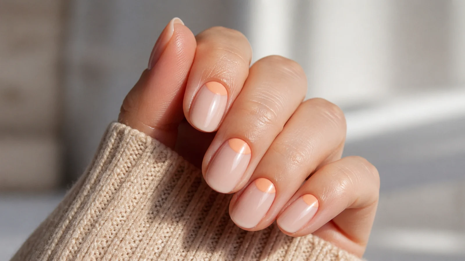 Short almond nails with a soft peach reverse French half moon at the cuticle over a nude base