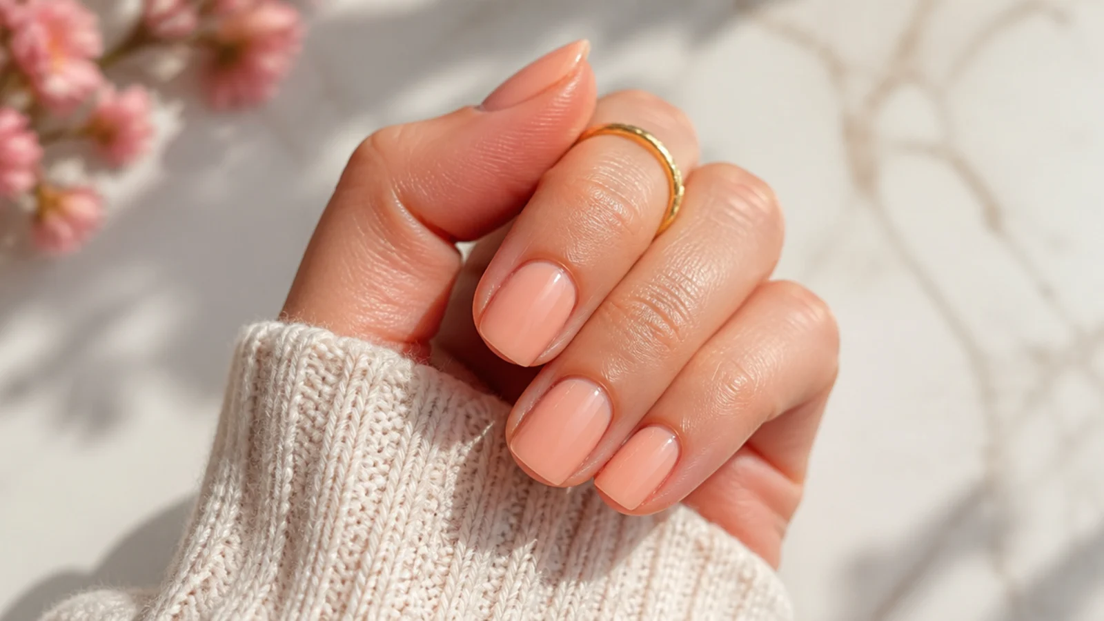 Short milky peach nails with a warm sheer opaque finish for spring