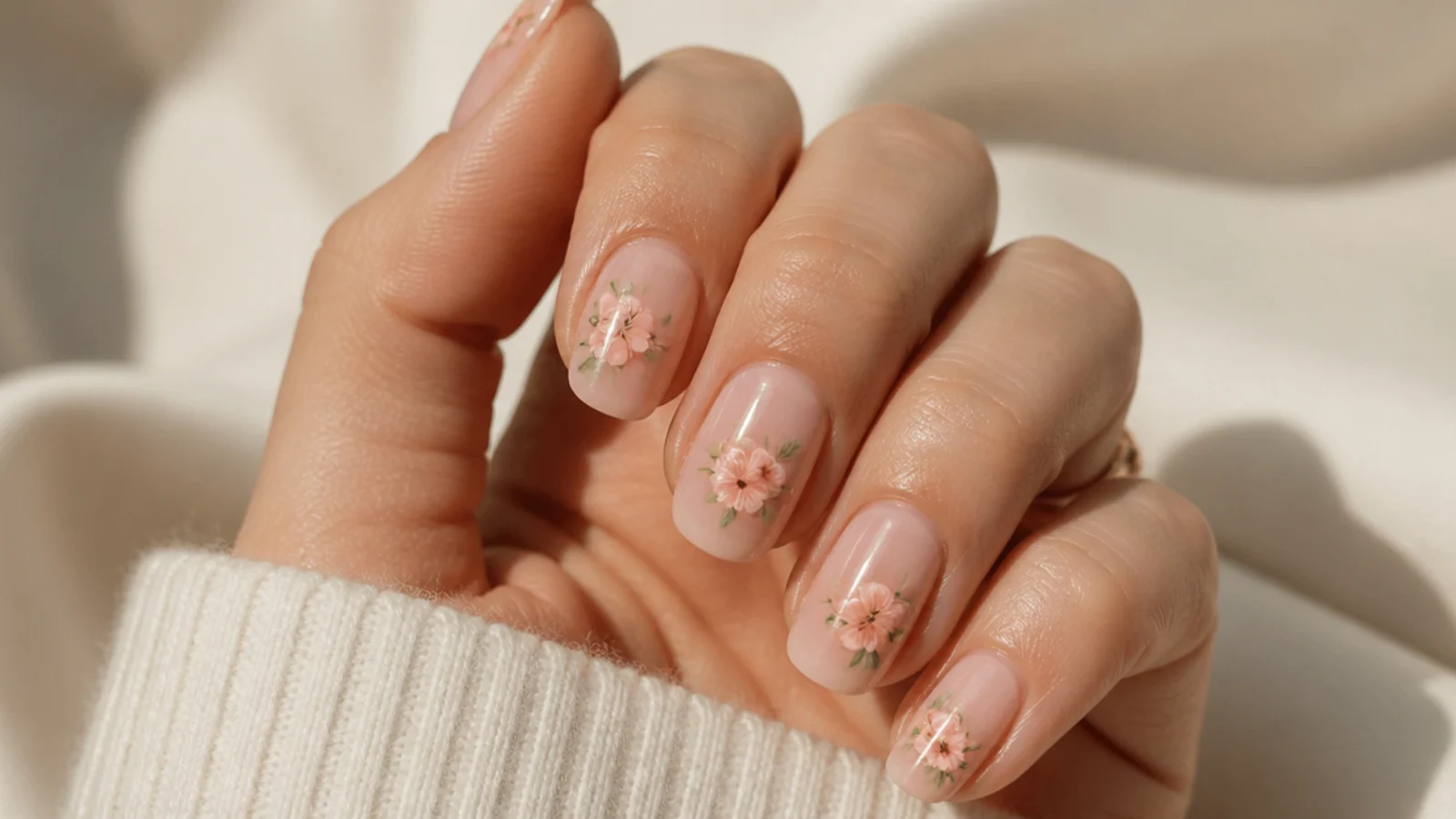 Sheer nude nails with tiny hand-painted peach blossom flowers and pale green leaves