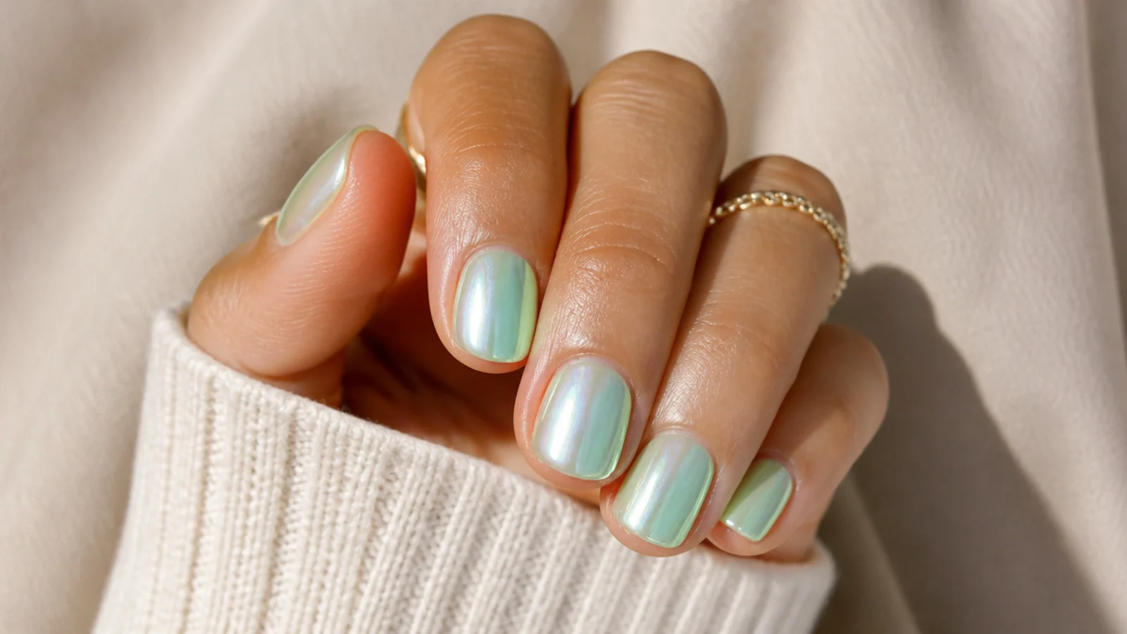 Short mint green nails with a soft pastel chrome mirror sheen