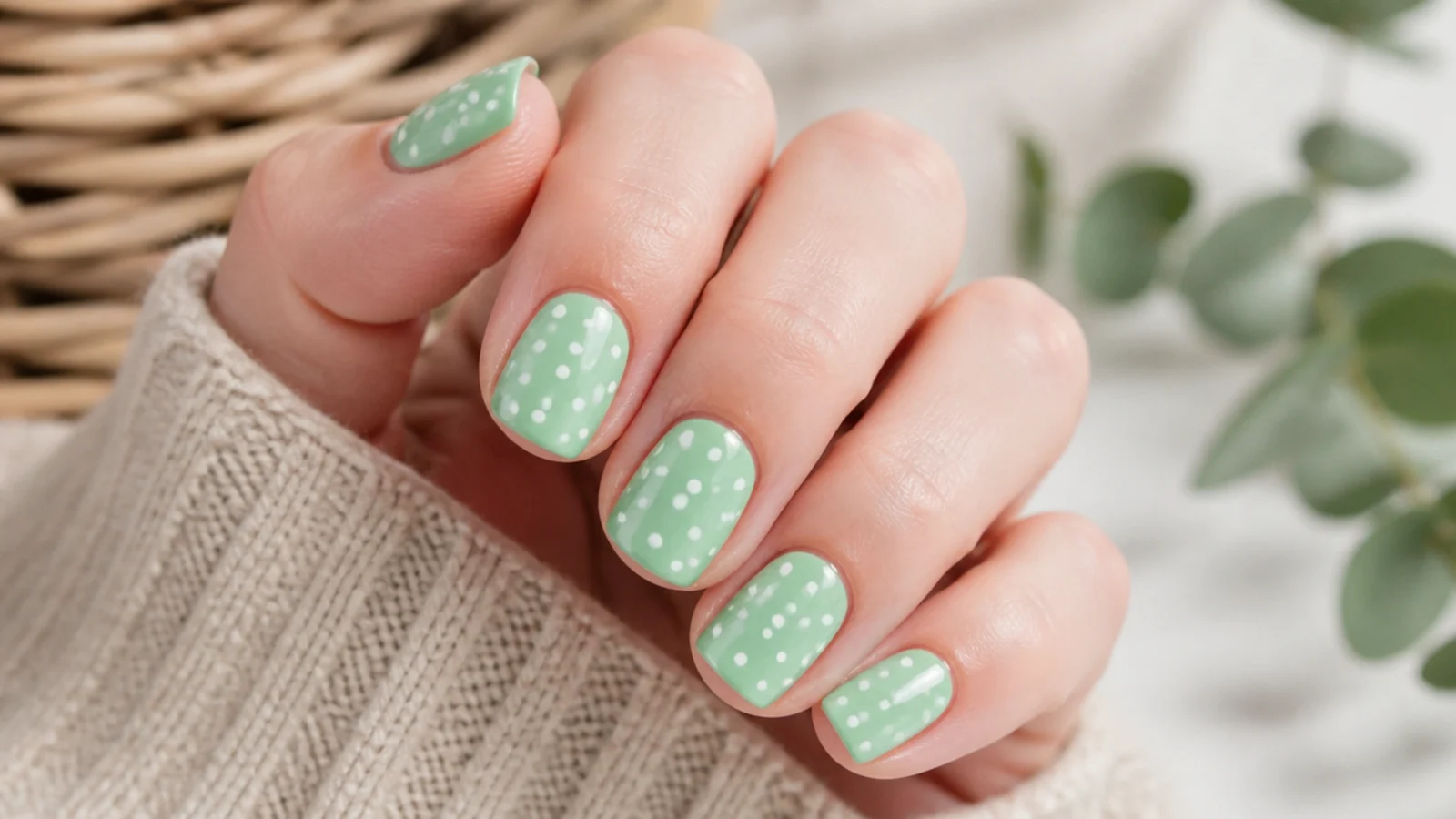 Short mint green nails with tiny white polka dots made with a dotting tool