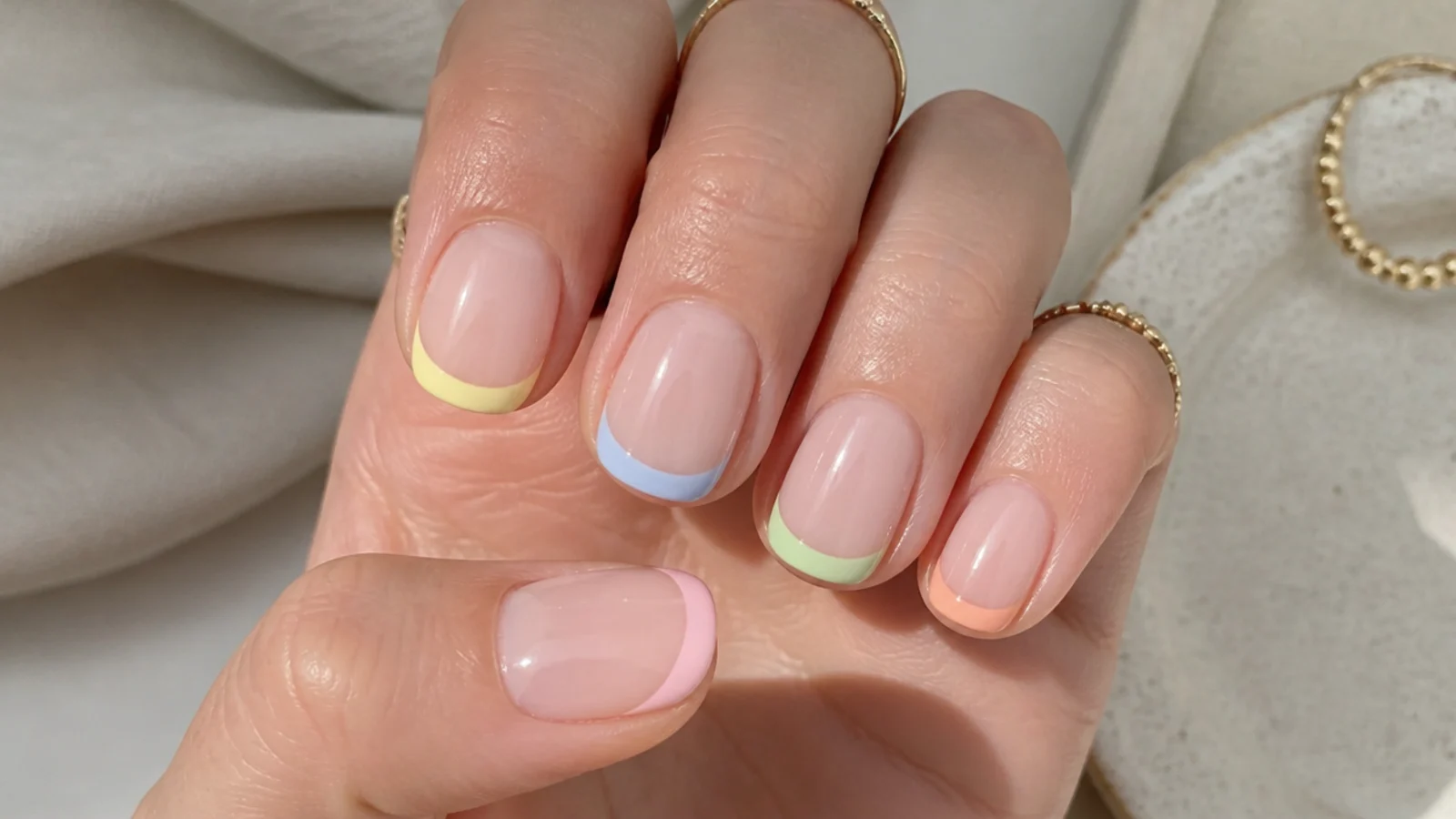 Short nails each with a different pastel French tip in yellow, blue, green, peach and pink