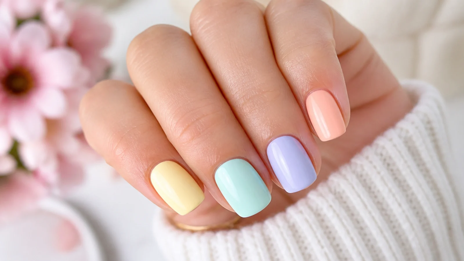 Short nails each painted a different solid pastel color in yellow, mint, blue, lilac and peach