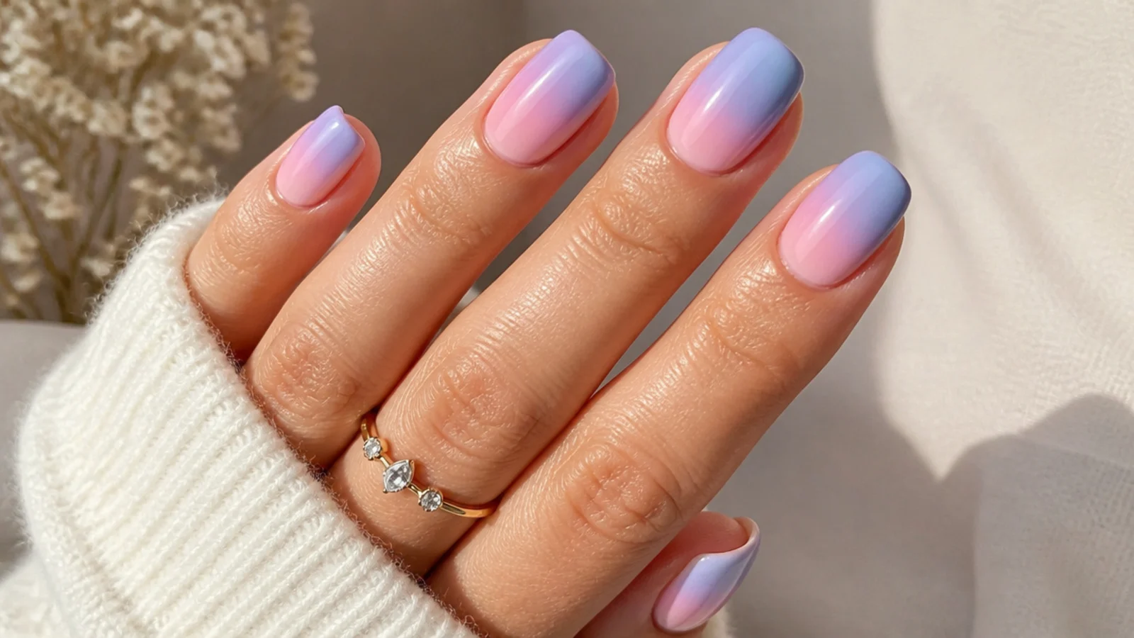 Medium nails with a soft pastel ombre fading from baby blue into lilac and peach