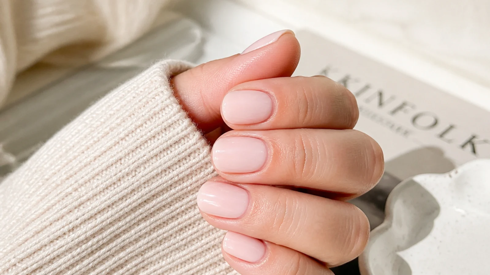 Short milky baby pink nails with a soft sheer opaque finish for spring