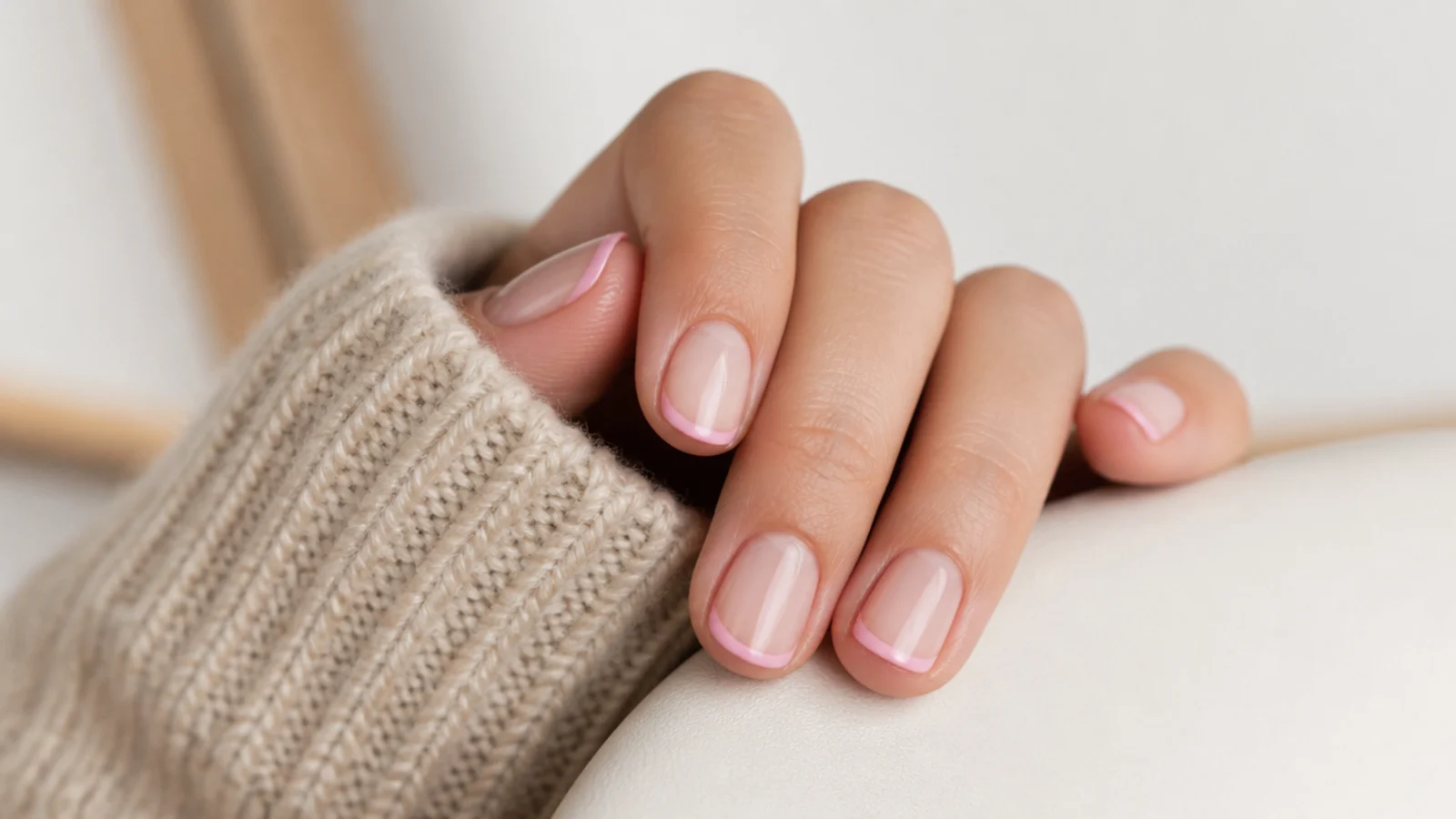 Short nails with a hairline bubblegum pink micro French tip on a bare natural nail