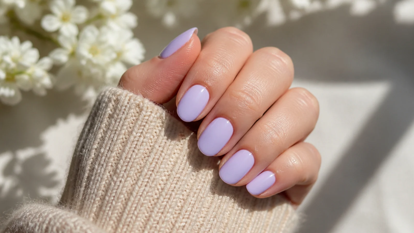 Short almond nails in soft pastel lavender with a milky opaque spring finish