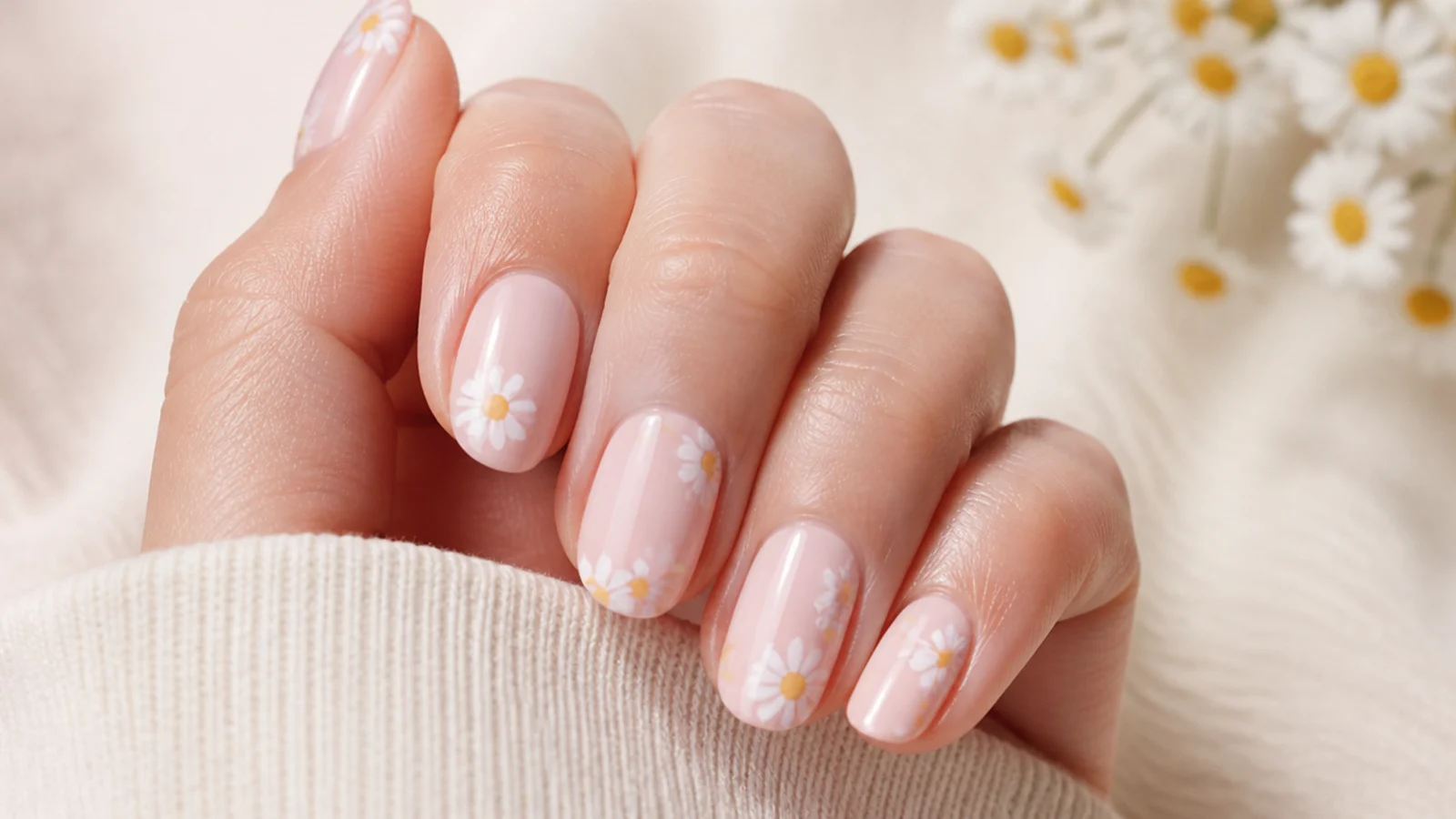 Milky nails with tiny white daisies and yellow centers hand-painted over a pastel base