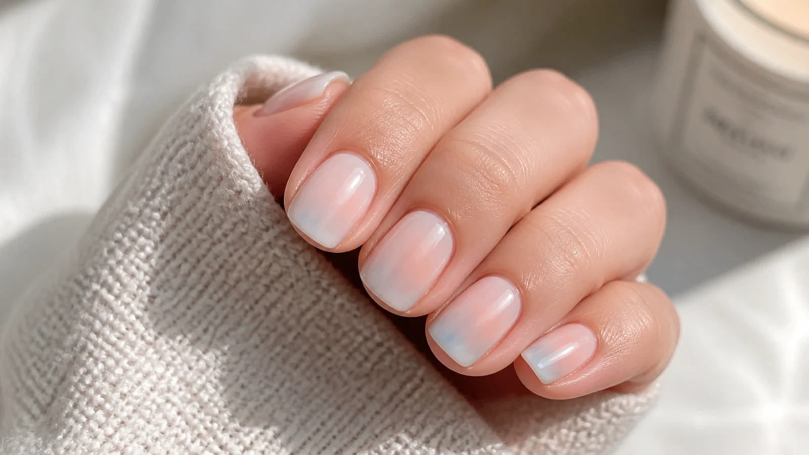 Short nails with a soft pastel aura halo airbrushed in peach and blue over a milky base