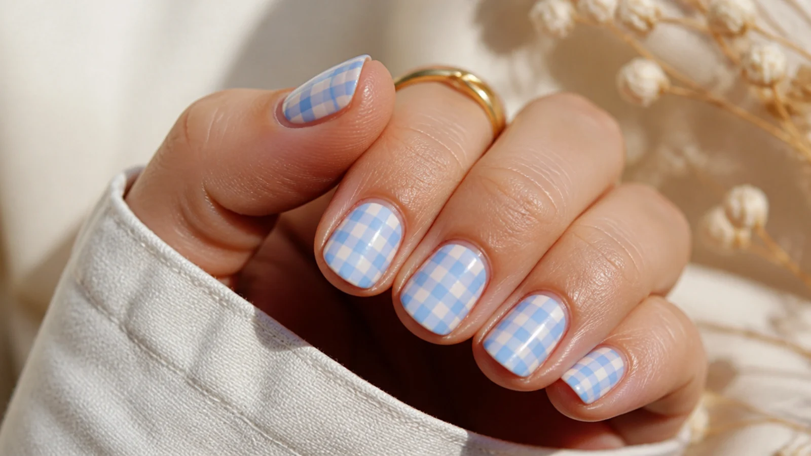 Short nails with a soft baby blue and white gingham checked pattern for spring