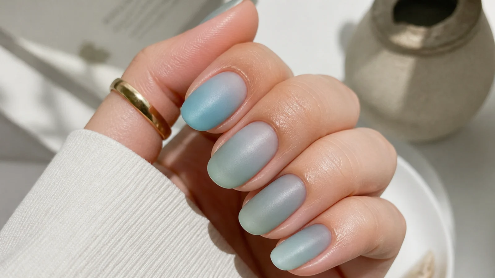 Translucent sea glass nails in frosted pastel blue and green with a soft matte jelly finish