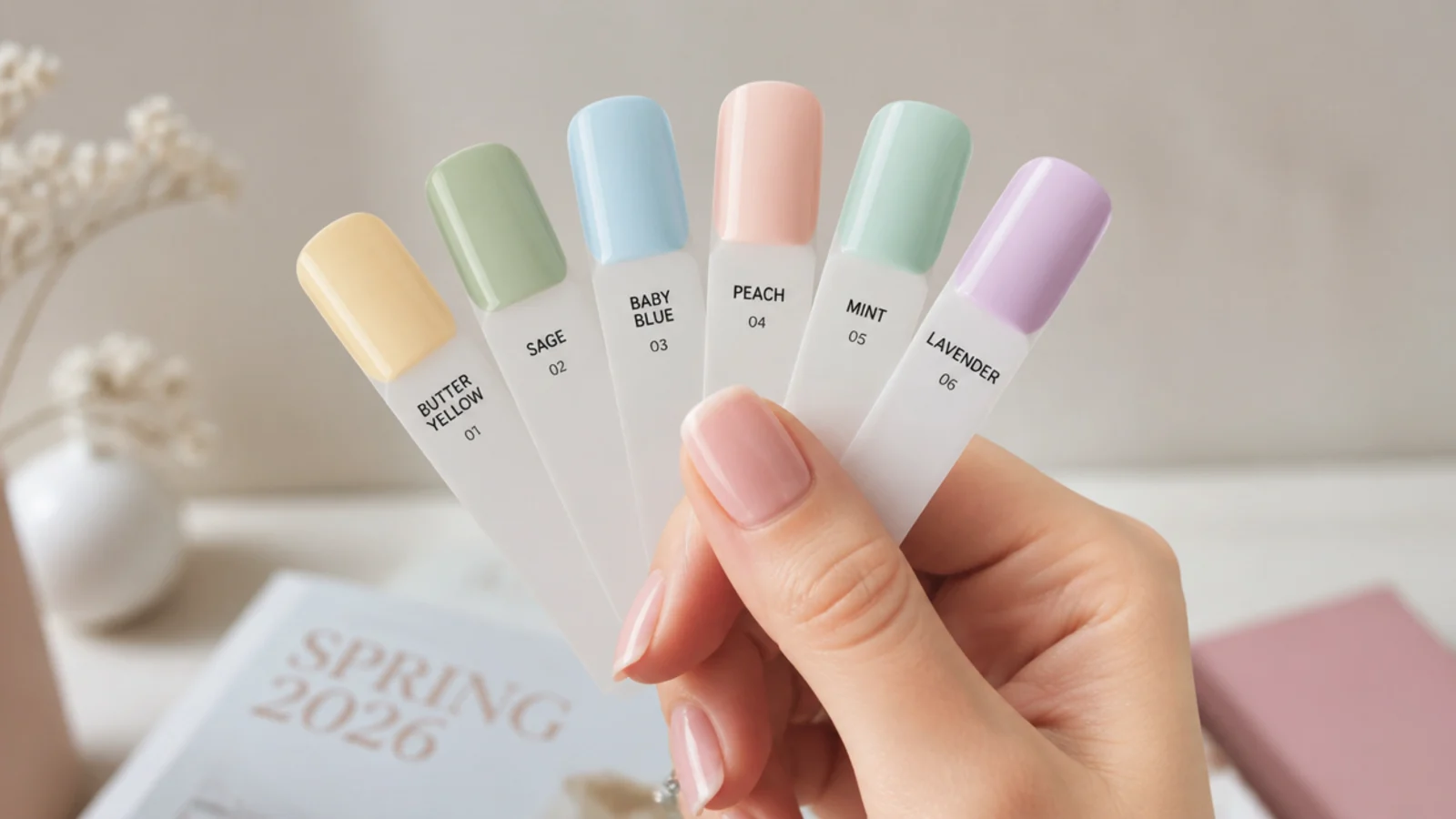 Swatch fan of spring 2026 pastel shades in butter yellow, sage, baby blue, peach, mint and lavender