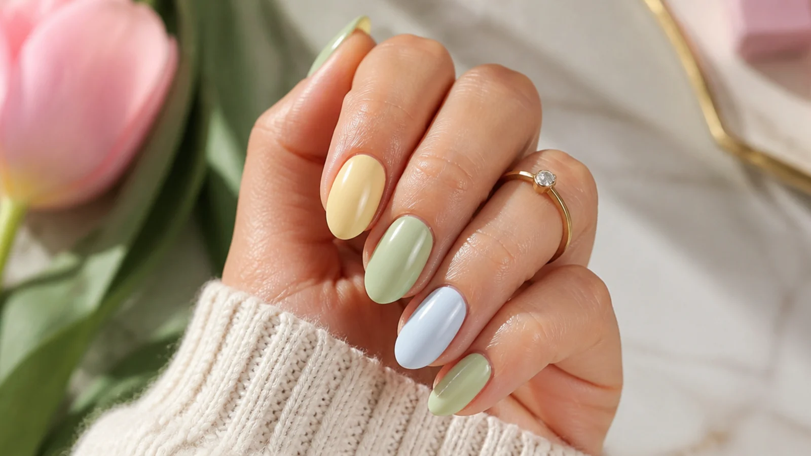 Short almond nails in soft butter yellow, sage green and baby blue pastel shades with a glossy spring finish
