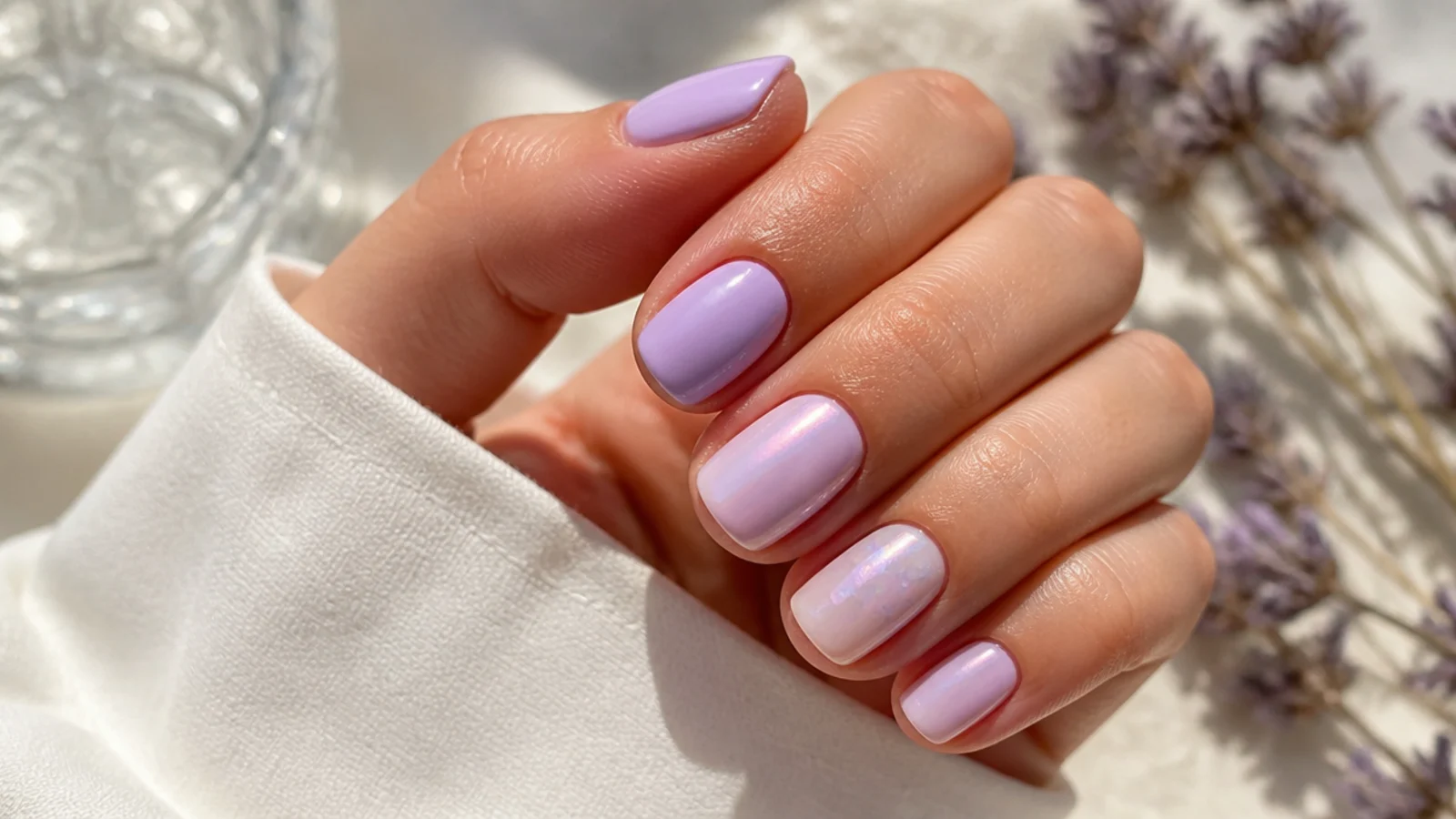 Short nails in soft pastel lavender and light purple with milky and chrome finishes
