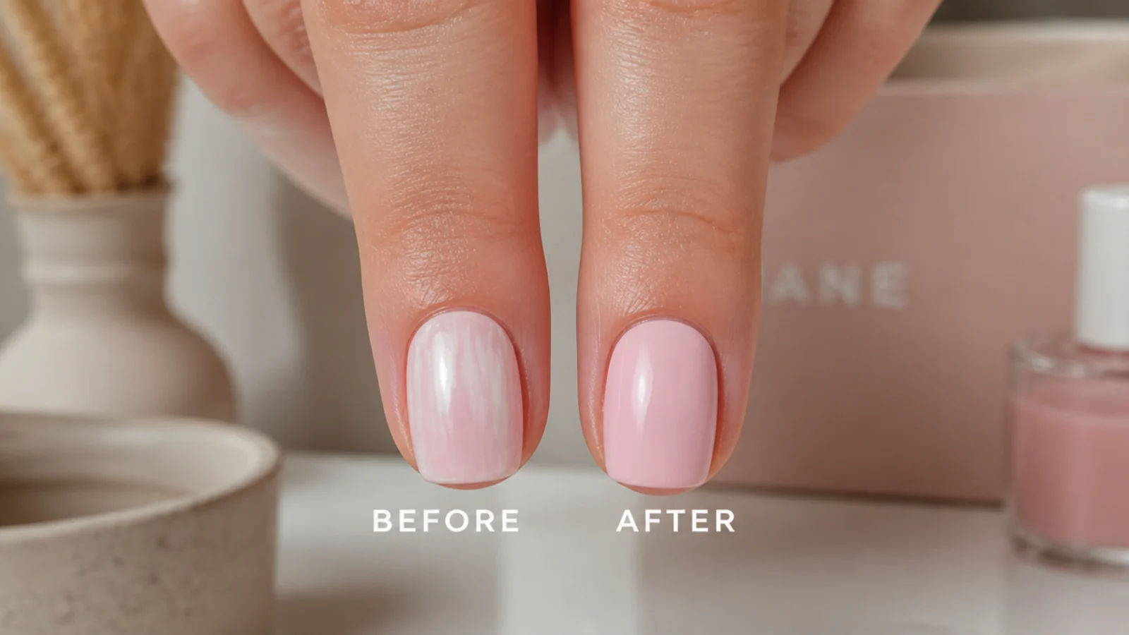 Two pastel nails compared, one streaky and patchy and one smooth and evenly applied