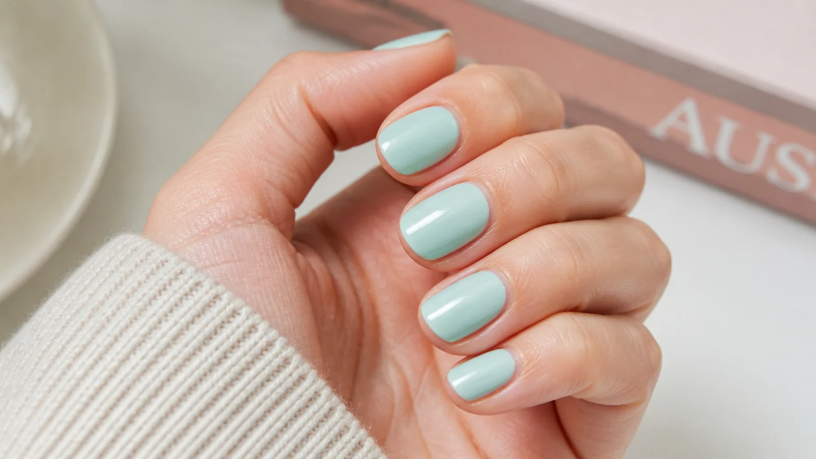 Close-up of a pastel mint manicure showing clean tips and cuticle line after two weeks of wear