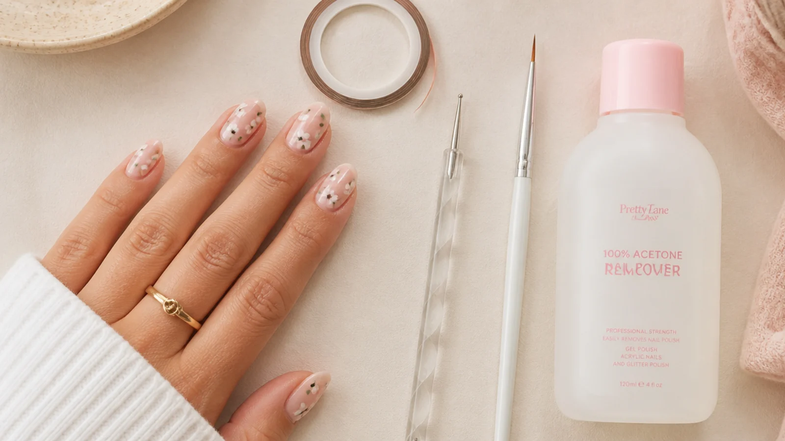 A flat lay of beginner nail tools, a dotting tool, striping tape, a thin brush and acetone