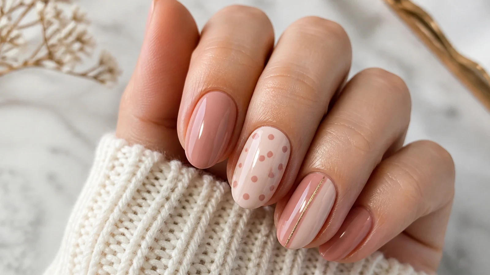 Three simple beginner nails shown side by side, a solid color, a dotted accent and a taped stripe
