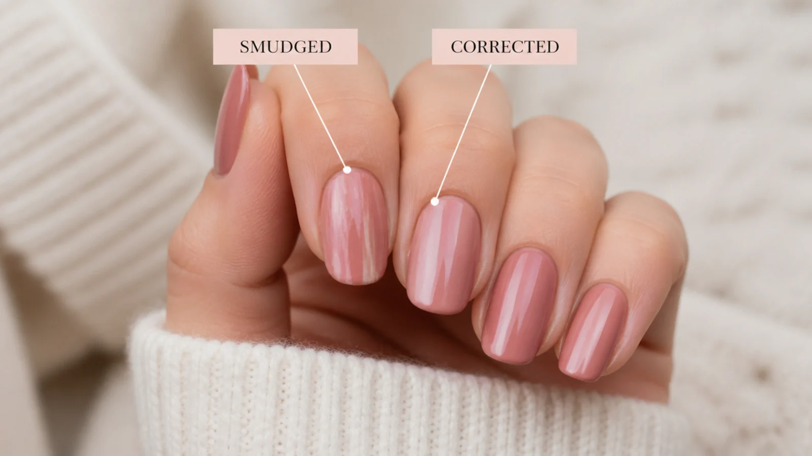 A smudged nail beside a corrected clean nail showing the fix for streaky polish
