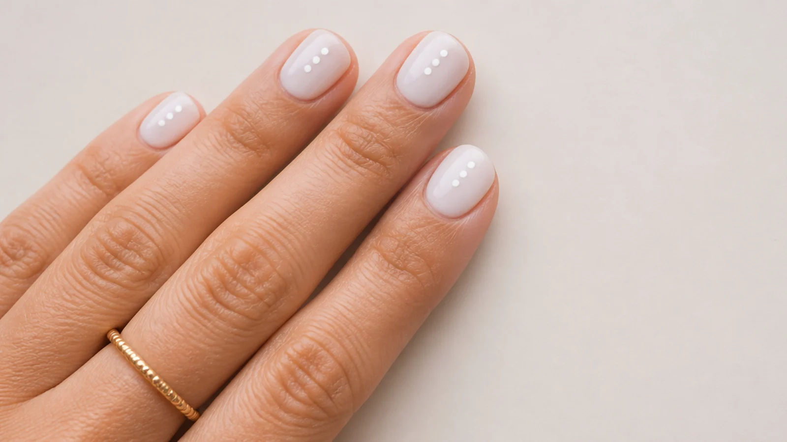 Short natural nails painted milky white with a simple white dot accent, filmed flat on a plain background