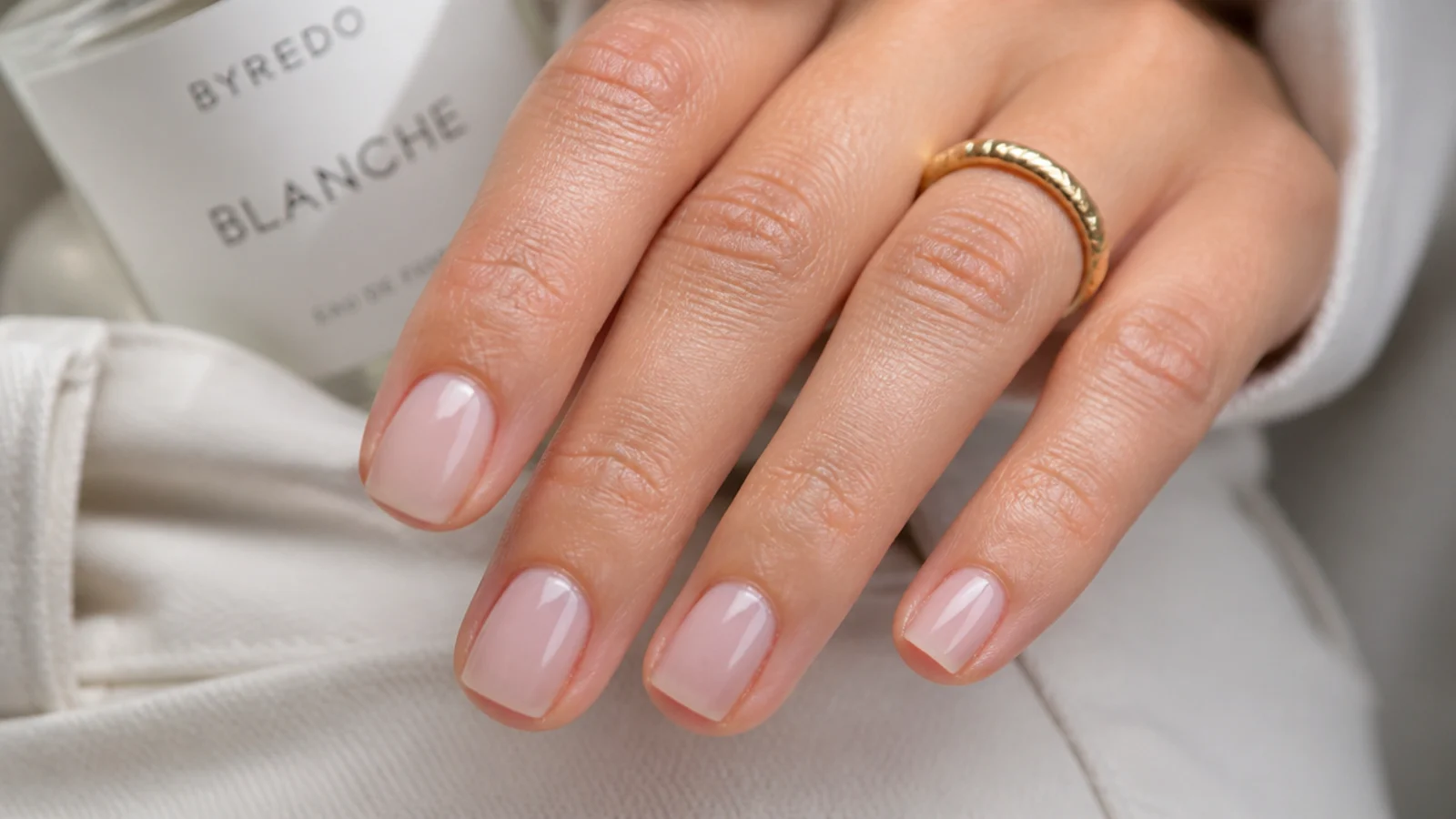 Short glossy milky nude nails with immaculate cuticles shown as the rich girl nail look