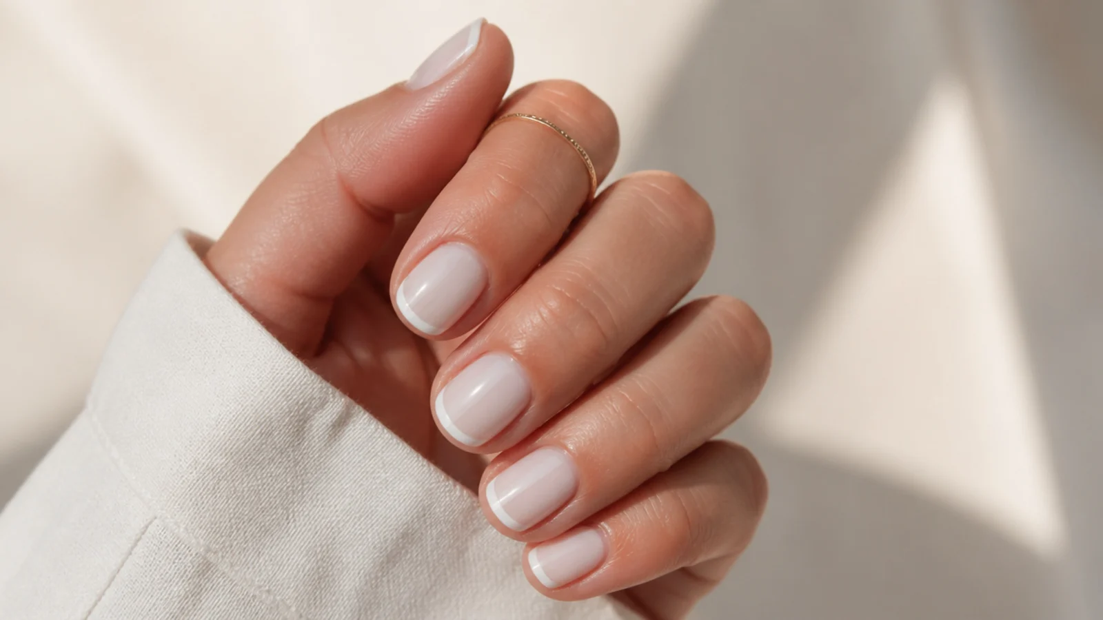 Short natural nails shown in milky white, micro French and a single line negative space design for 2026
