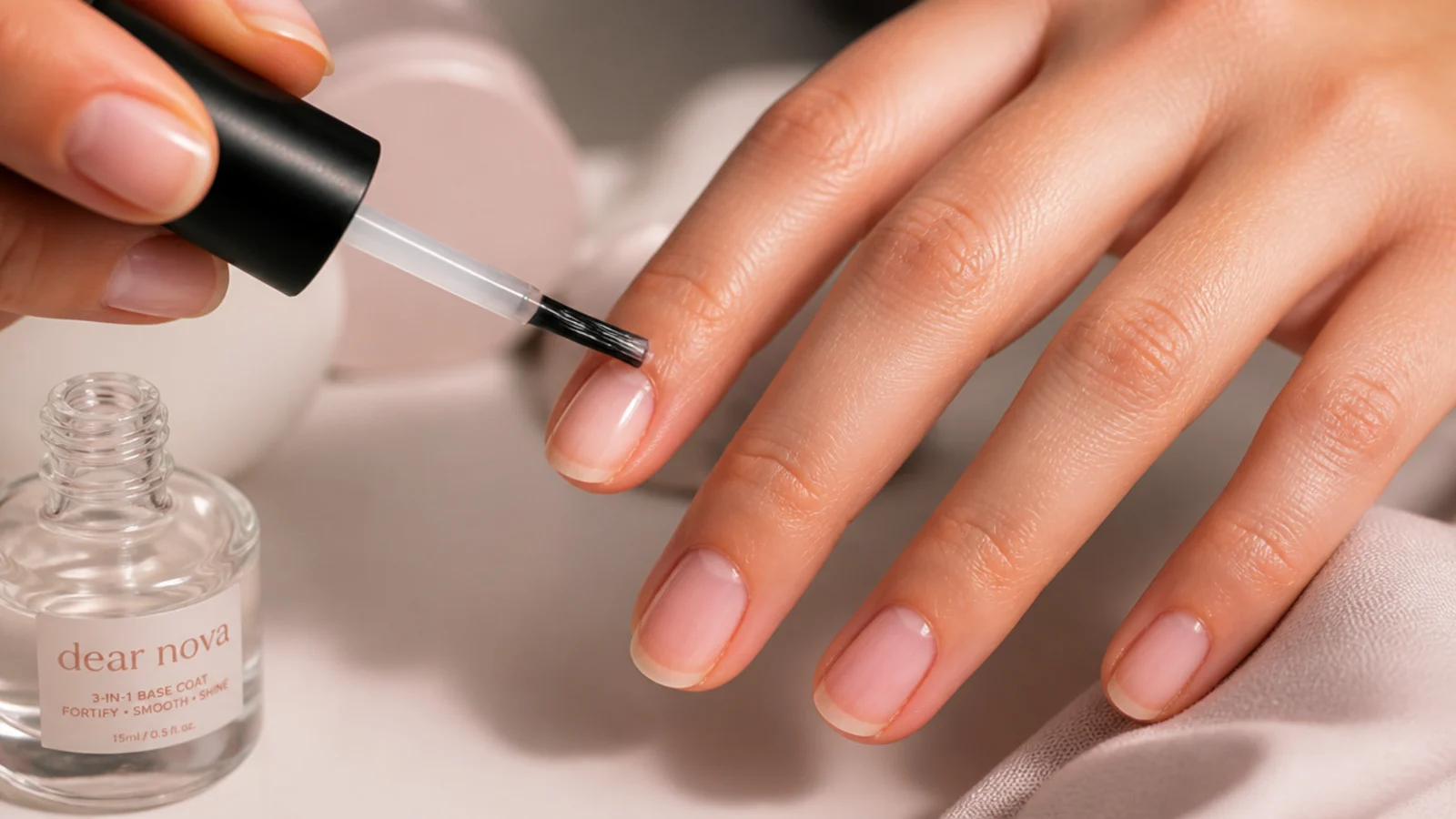 A clear base coat being brushed onto a bare nail before color