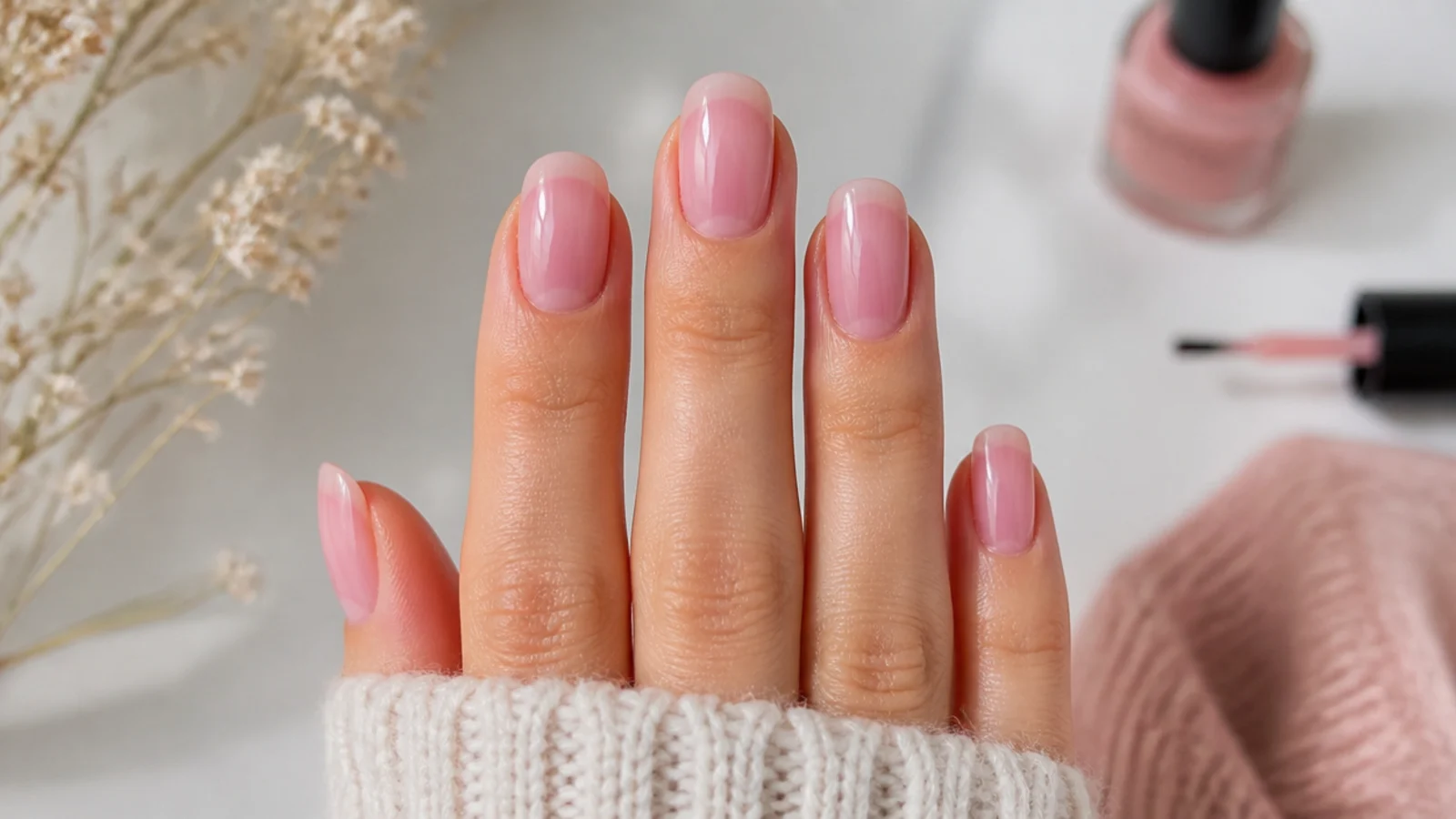 A first thin coat of pink polish leaving a slightly sheer even layer across the nail
