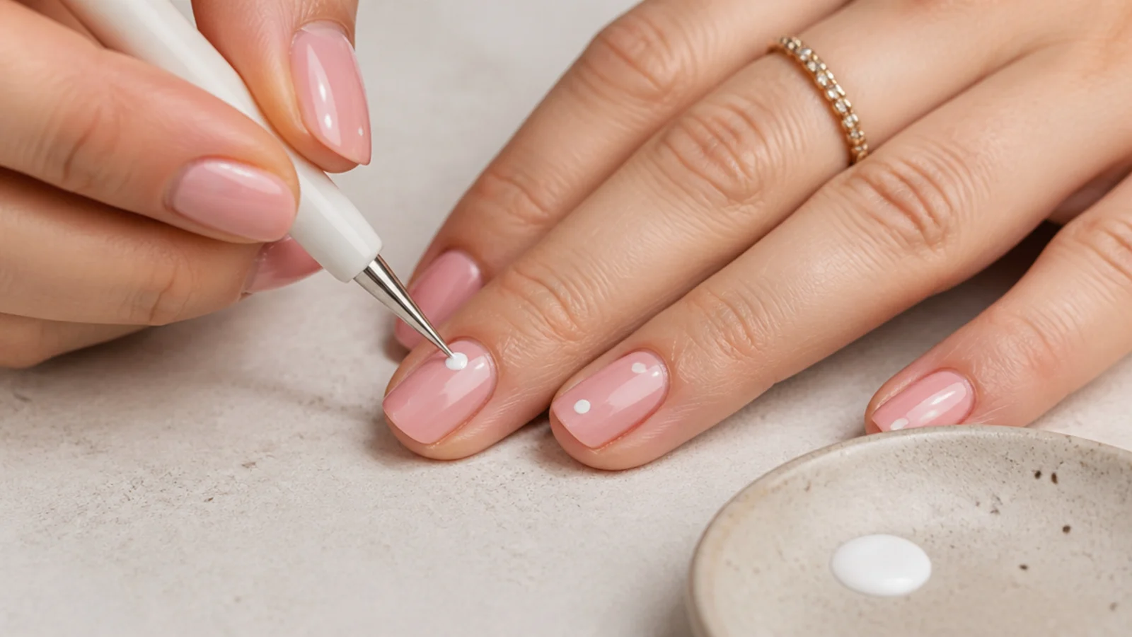A dotting tool pressing an even white dot onto a dry pink base for simple nail art