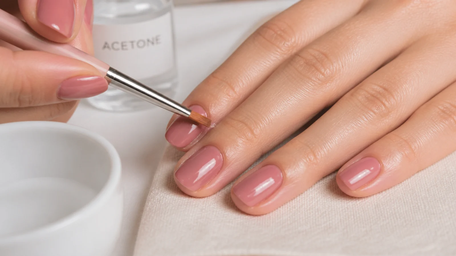 A small angled brush dipped in acetone tidying polish off the skin around a nail
