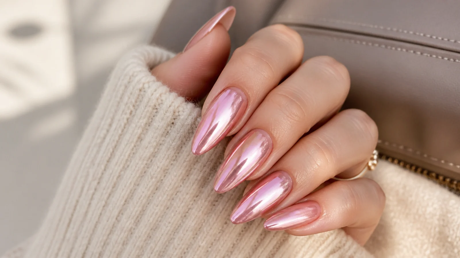 Pink chrome stiletto nails with a soft rosy metallic sheen over a nude base