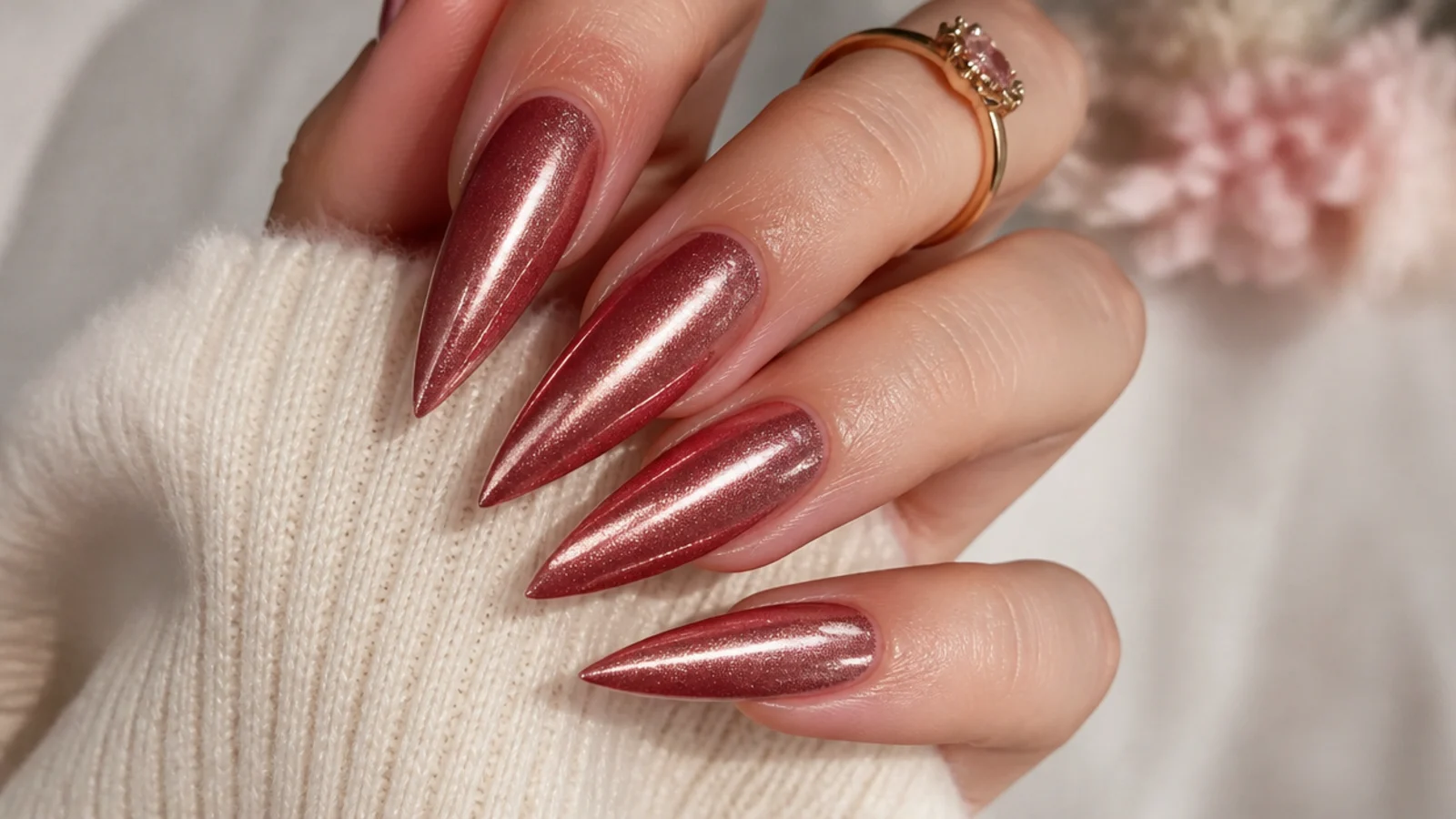 Long stiletto nails in magnetic cat eye gel with a bright light streak down the point