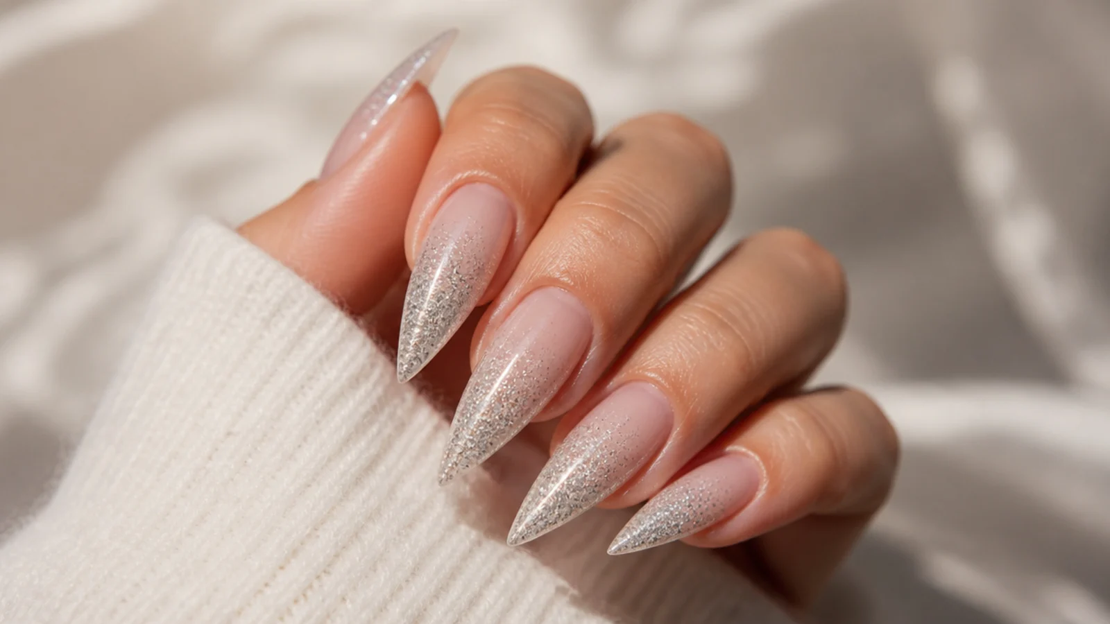 Long stiletto nails with a silver glitter gradient fading from the point toward a nude base