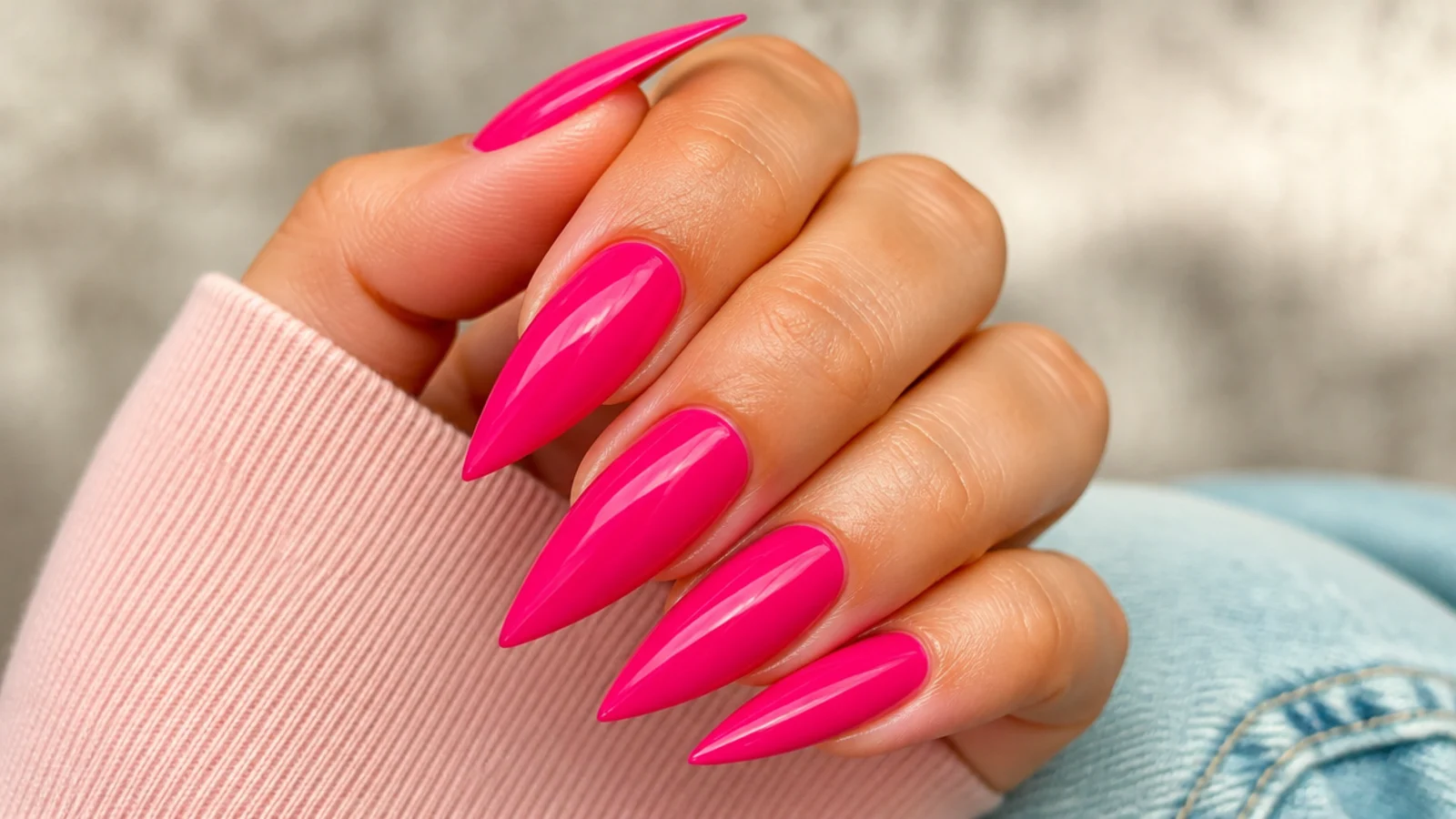 Long hot pink stiletto nails in a bright glossy magenta with a sharp point