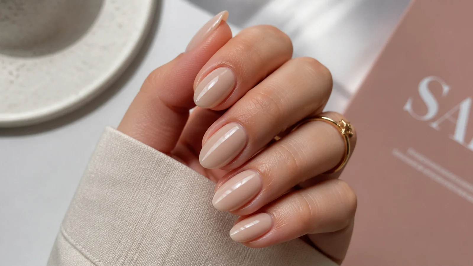 Short stiletto nails in glossy nude with a compact tapered point