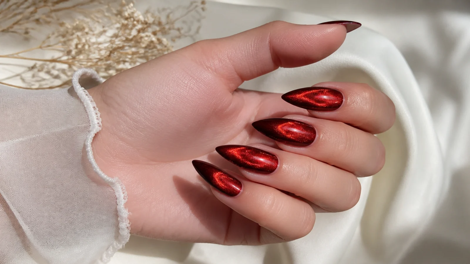 Long stiletto nails in deep red magnetic cat eye gel with a bright center streak