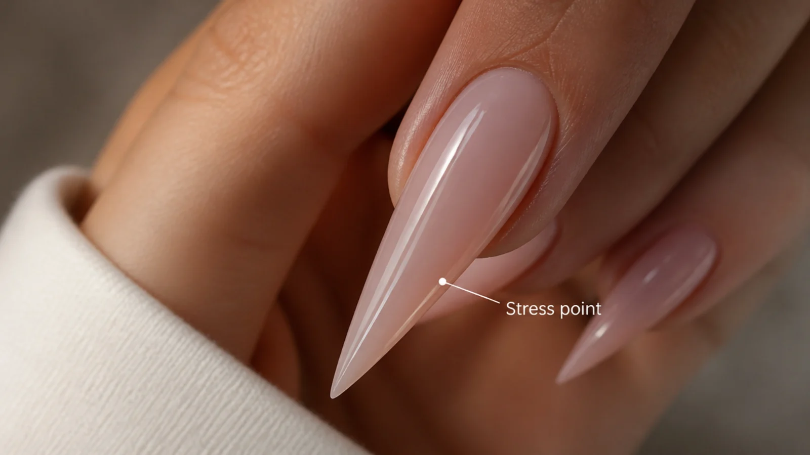 Close-up of a long stiletto nail showing the stress point where the taper narrows toward the tip