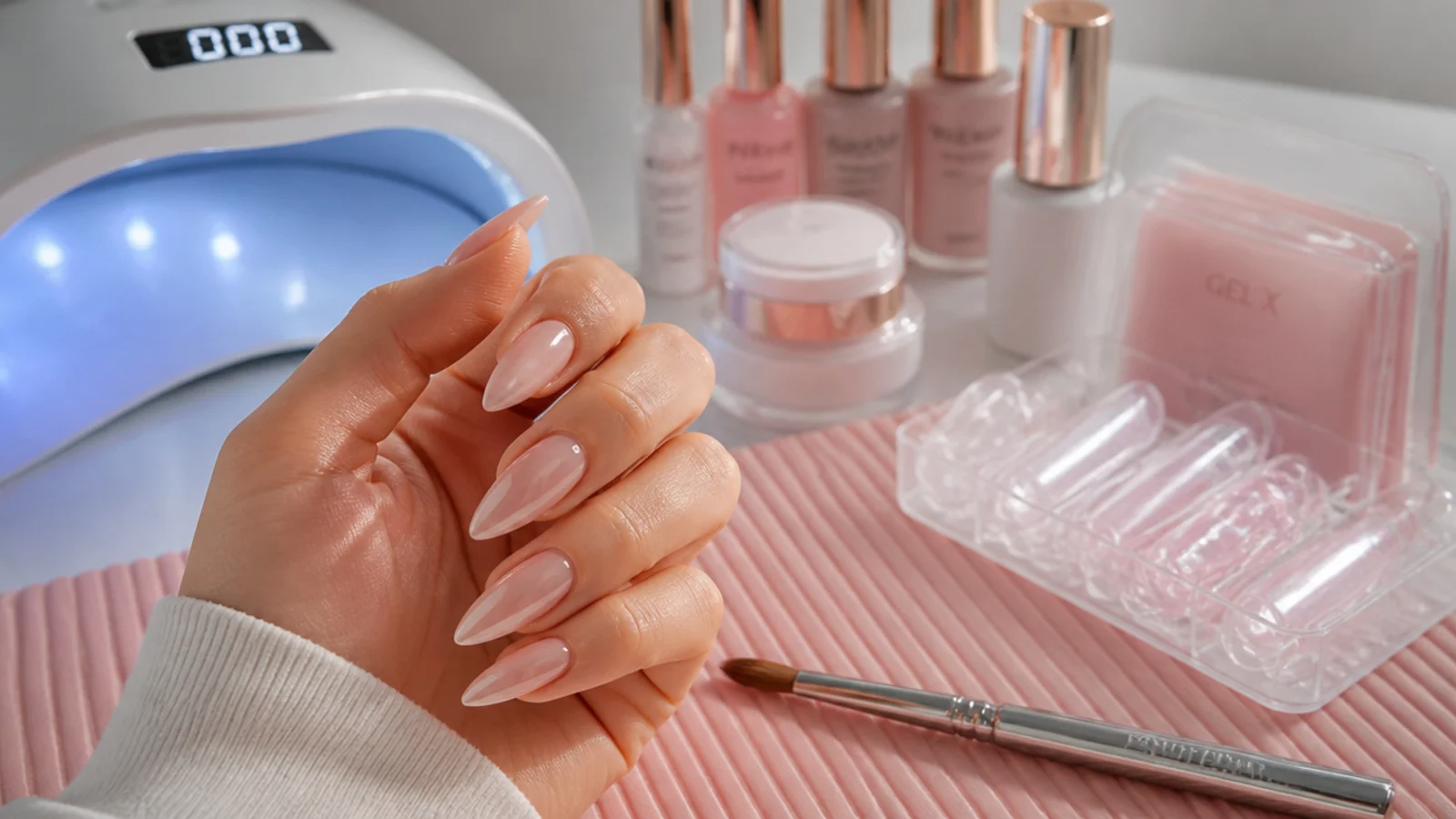 Nail salon station with acrylic brush, Gel-X tips and a curing lamp set up for a stiletto full set